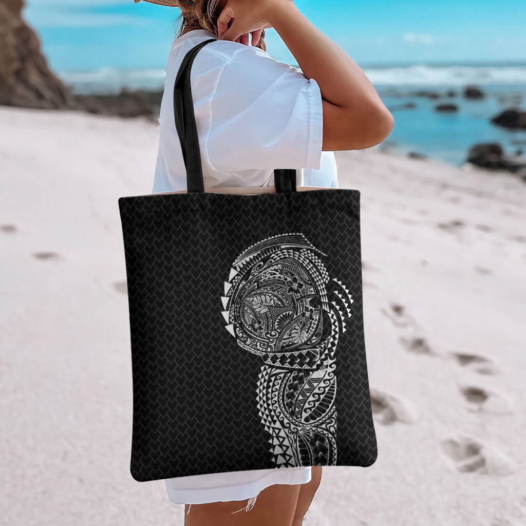 Hawaiian Traditional Tattoos Tote Bag Kakau Tribal Tropical Plant Motif Black Color