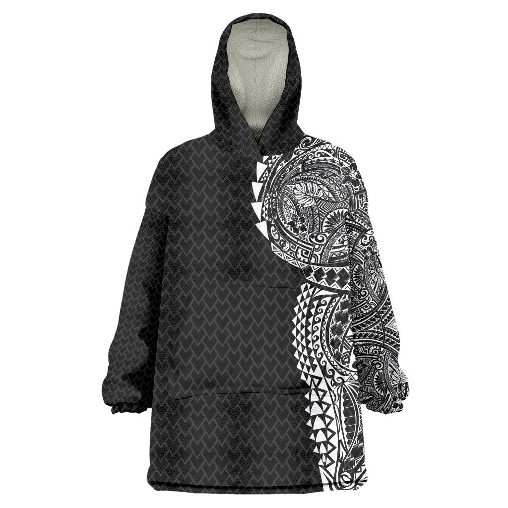 Hawaiian Traditional Tattoos Wearable Blanket Hoodie Kakau Tribal Tropical Plant Motif Black Color LT03 One Size Black - Polynesian Pride