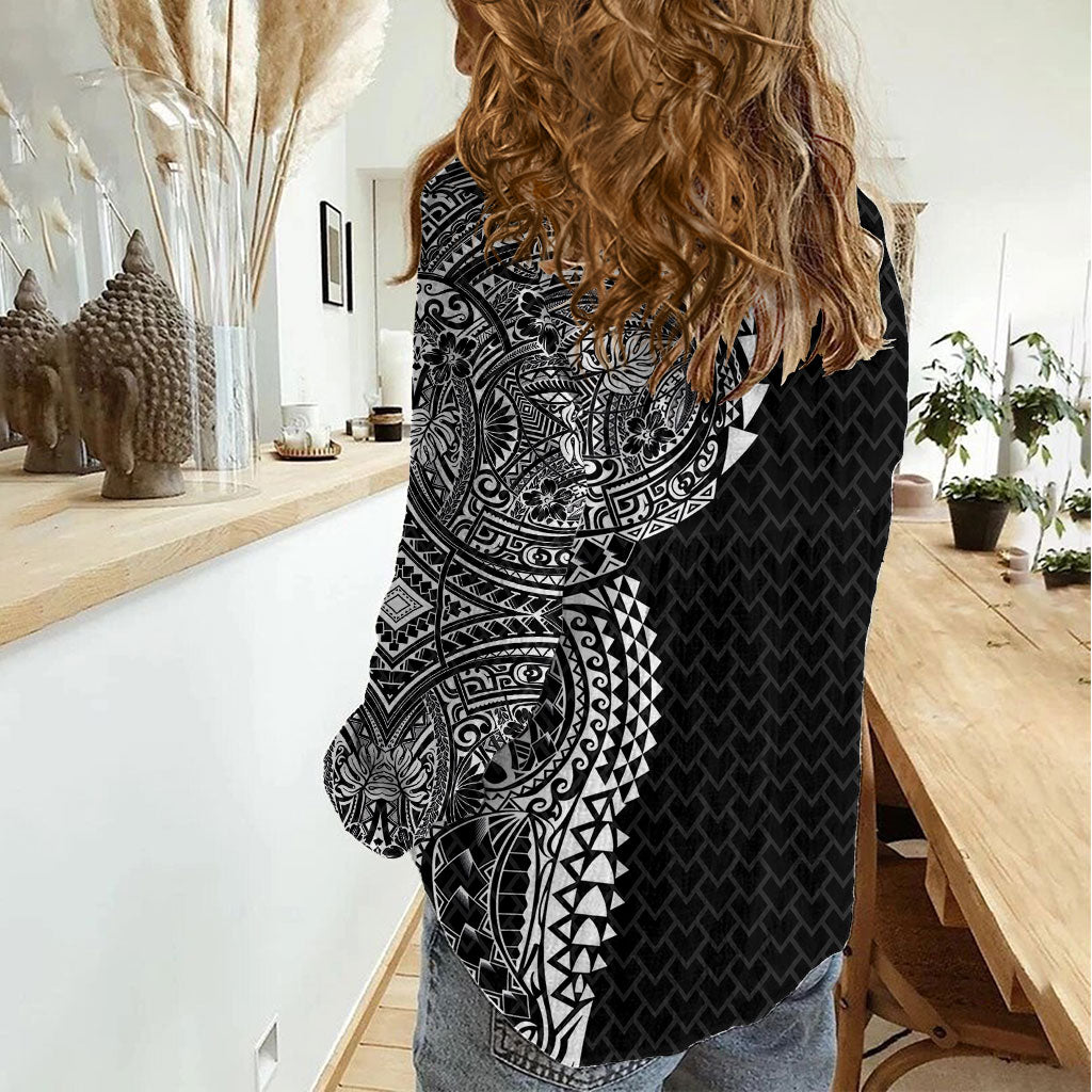 Hawaiian Traditional Tattoos Women Casual Shirt Kakau Tribal Tropical Plant Motif Black Color LT03 - Polynesian Pride