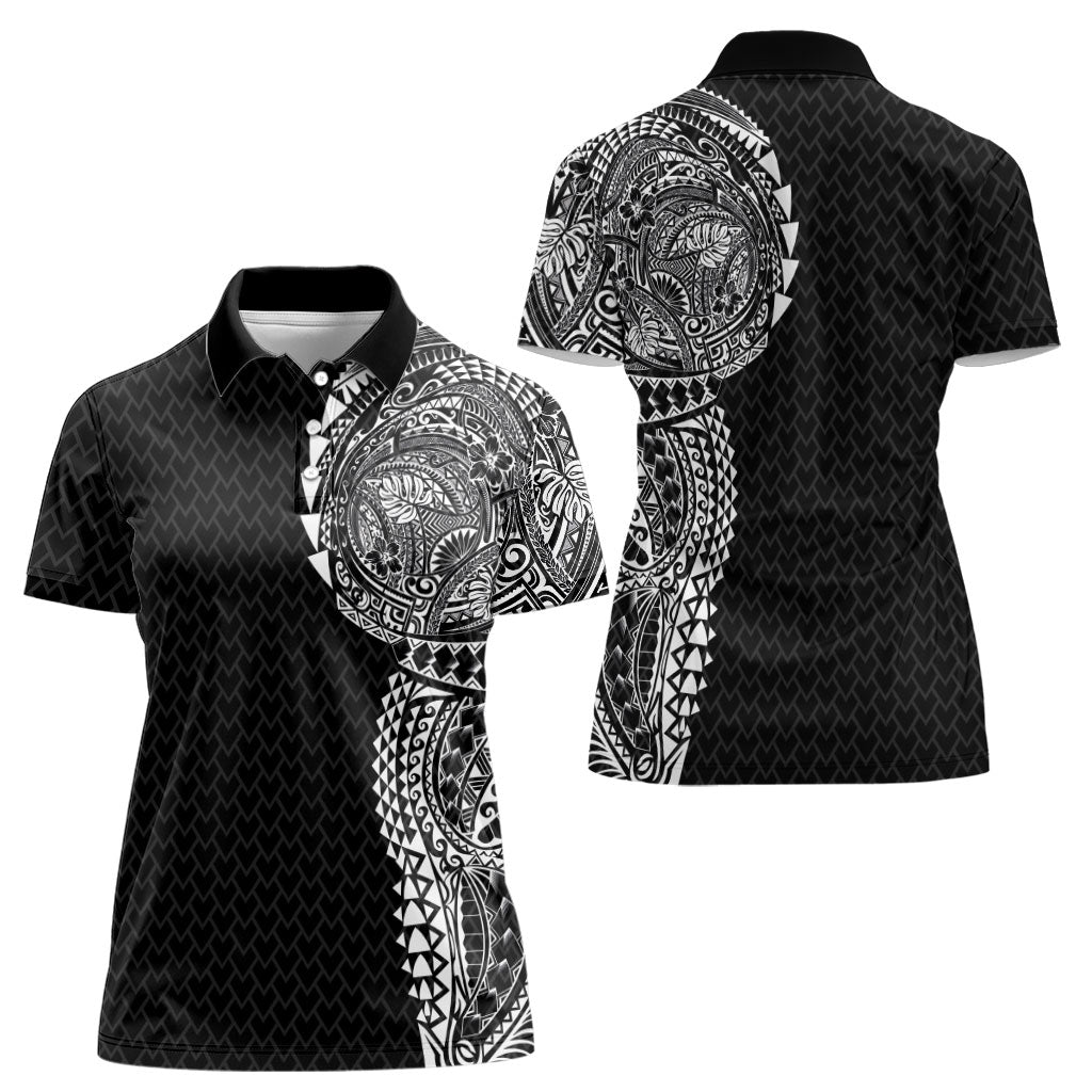 Hawaiian Traditional Tattoos Women Polo Shirt Kakau Tribal Tropical Plant Motif Black Color LT03 - Polynesian Pride