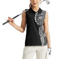 Hawaiian Traditional Tattoos Women Sleeveless Polo Shirt Kakau Tribal Tropical Plant Motif Black Color LT03 - Polynesian Pride