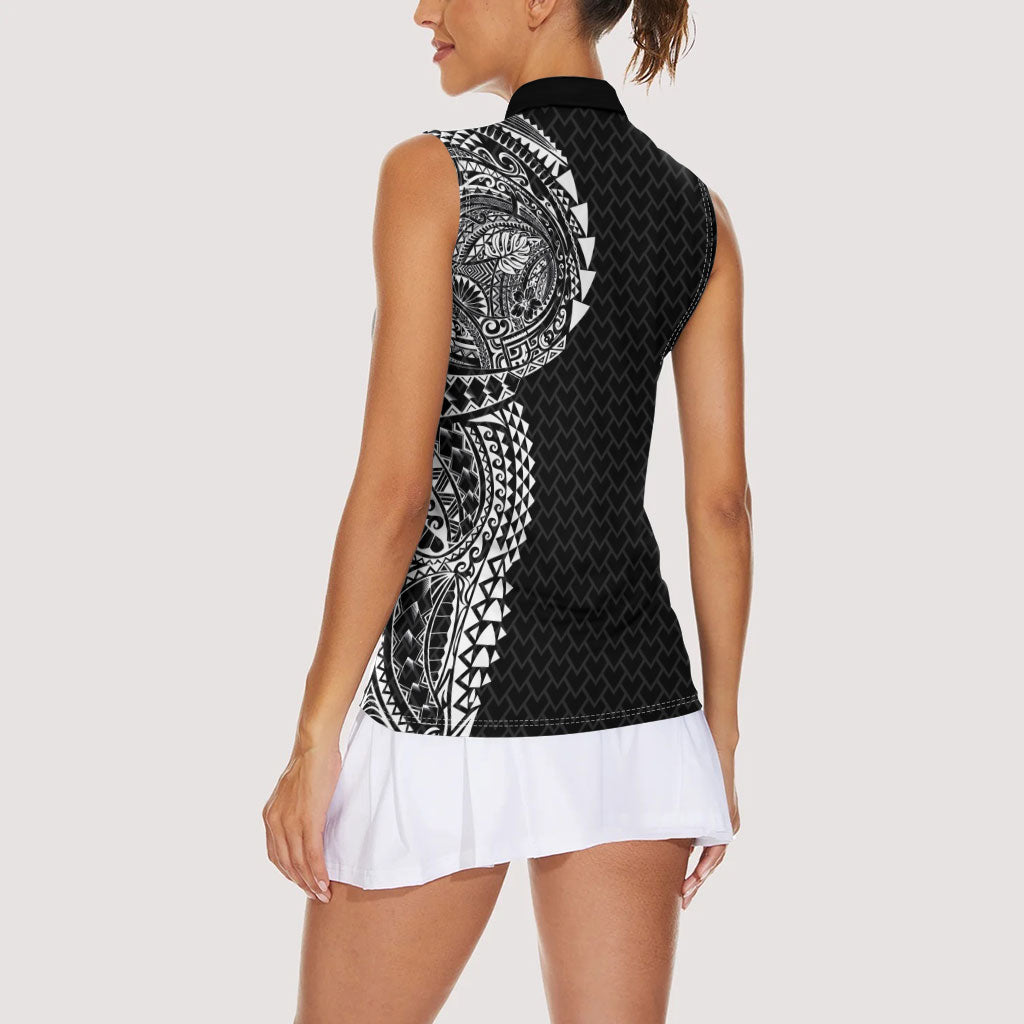 Hawaiian Traditional Tattoos Women Sleeveless Polo Shirt Kakau Tribal Tropical Plant Motif Black Color LT03 - Polynesian Pride