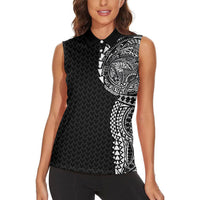 Hawaiian Traditional Tattoos Women Sleeveless Polo Shirt Kakau Tribal Tropical Plant Motif Black Color LT03 - Polynesian Pride