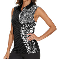 Hawaiian Traditional Tattoos Women Sleeveless Polo Shirt Kakau Tribal Tropical Plant Motif Black Color LT03 - Polynesian Pride
