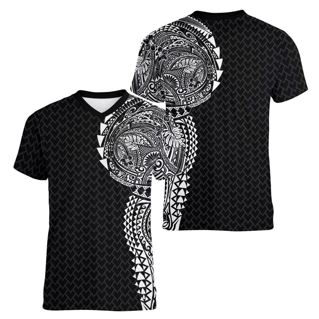 Hawaiian Traditional Tattoos Women V-Neck T-Shirt Kakau Tribal Tropical Plant Motif Black Color LT03 - Polynesian Pride