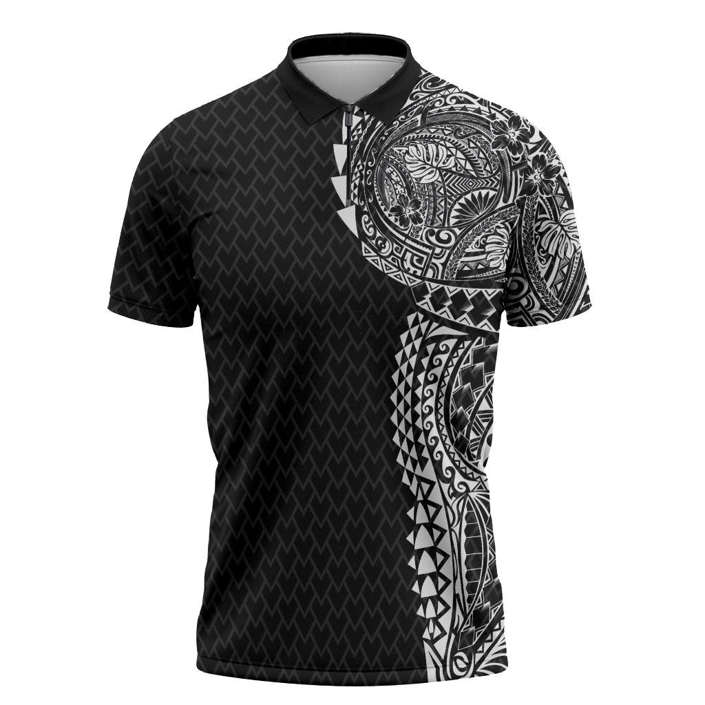 Hawaiian Traditional Tattoos Zipper Polo Shirt Kakau Tribal Tropical Plant Motif Black Color
