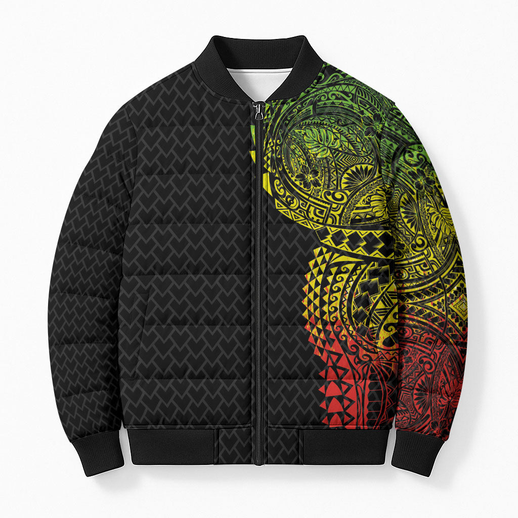 Hawaiian Traditional Tattoos Bomber Puffer Jacket Kakau Tribal Tropical Plant Motif Kanaka Maoli Flag Color Inspired LT03 Unisex Multicolor - Polynesian Pride