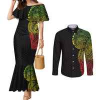 Hawaiian Traditional Tattoos Couples Matching Mermaid Dress and Long Sleeve Button Shirt Kakau Tribal Tropical Plant Motif Kanaka Maoli Flag Color Inspired LT03 Multicolor - Polynesian Pride