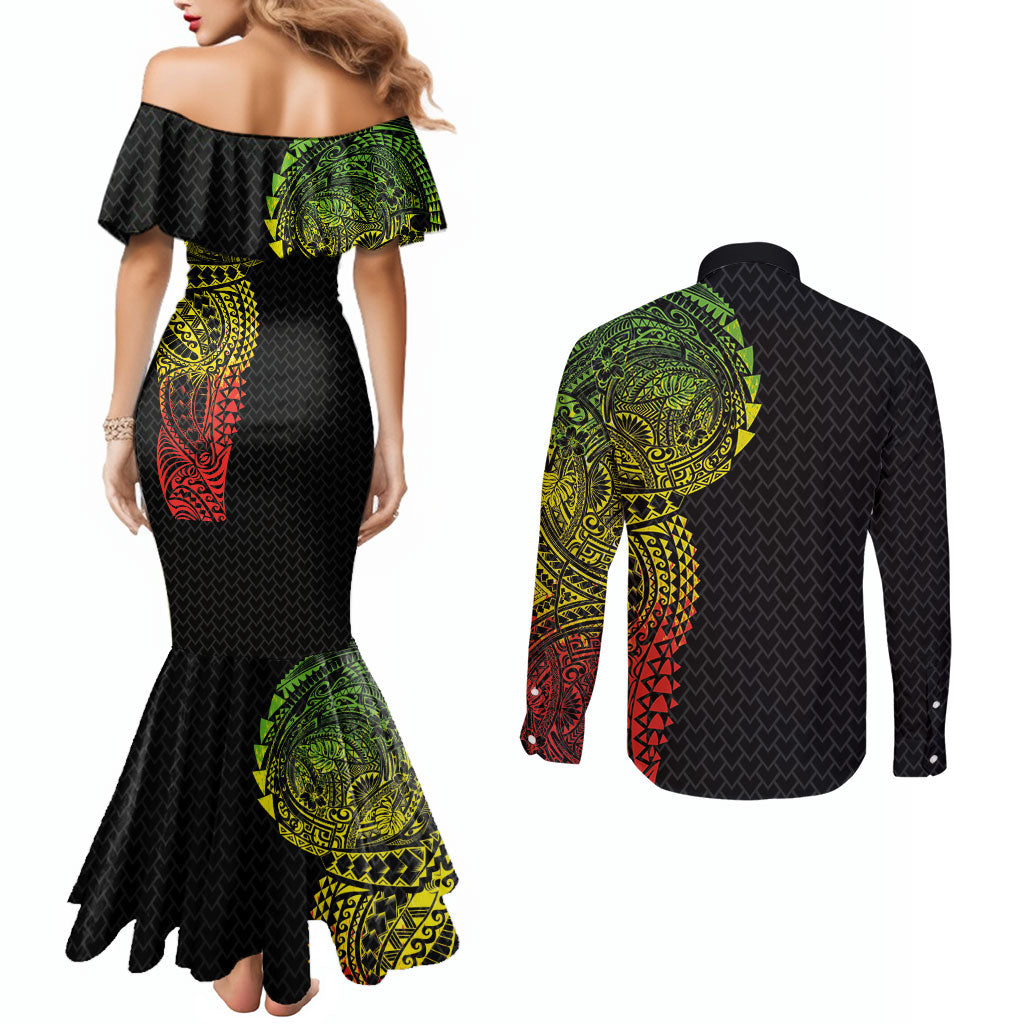 Hawaiian Traditional Tattoos Couples Matching Mermaid Dress and Long Sleeve Button Shirt Kakau Tribal Tropical Plant Motif Kanaka Maoli Flag Color Inspired LT03 - Polynesian Pride