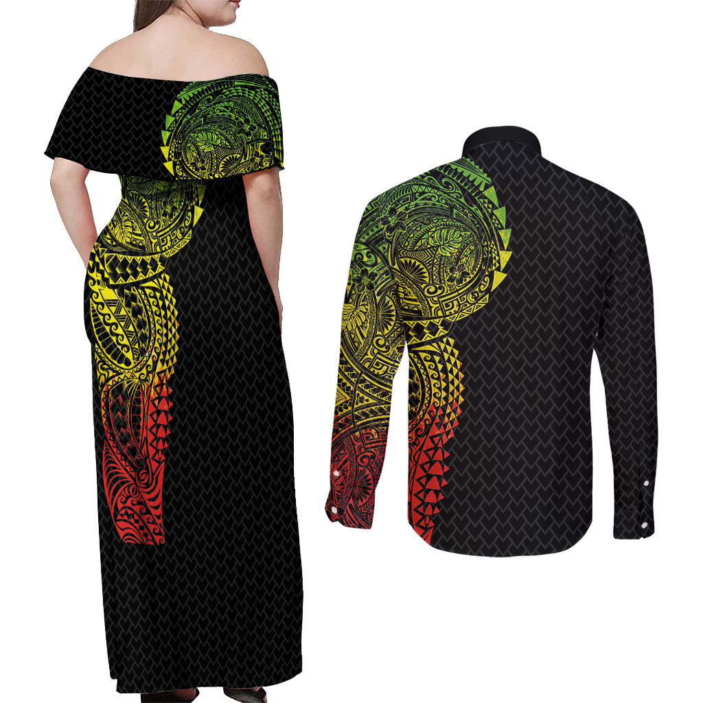 Hawaiian Traditional Tattoos Couples Matching Off Shoulder Maxi Dress and Long Sleeve Button Shirt Kakau Tribal Tropical Plant Motif Kanaka Maoli Flag Color Inspired LT03 - Polynesian Pride