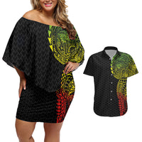 Hawaiian Traditional Tattoos Couples Matching Off Shoulder Short Dress and Hawaiian Shirt Kakau Tribal Tropical Plant Motif Kanaka Maoli Flag Color Inspired LT03 Multicolor - Polynesian Pride