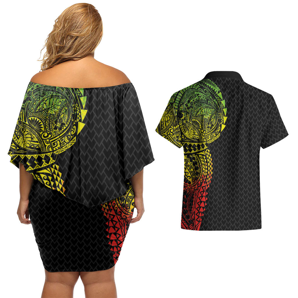 Hawaiian Traditional Tattoos Couples Matching Off Shoulder Short Dress and Hawaiian Shirt Kakau Tribal Tropical Plant Motif Kanaka Maoli Flag Color Inspired LT03 - Polynesian Pride