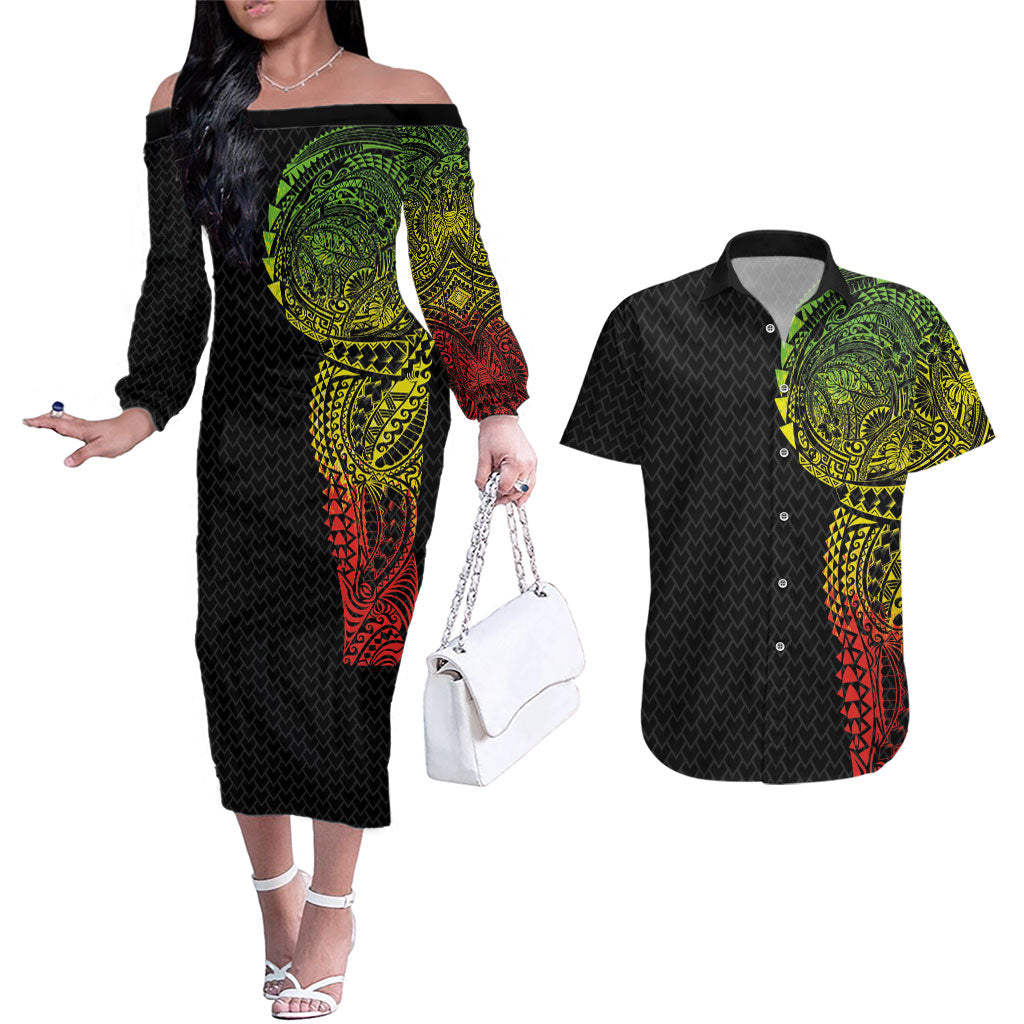 Hawaiian Traditional Tattoos Couples Matching Off The Shoulder Long Sleeve Dress and Hawaiian Shirt Kakau Tribal Tropical Plant Motif Kanaka Maoli Flag Color Inspired LT03 Multicolor - Polynesian Pride