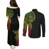 Hawaiian Traditional Tattoos Couples Matching Puletasi and Long Sleeve Button Shirt Kakau Tribal Tropical Plant Motif Kanaka Maoli Flag Color Inspired LT03 - Polynesian Pride
