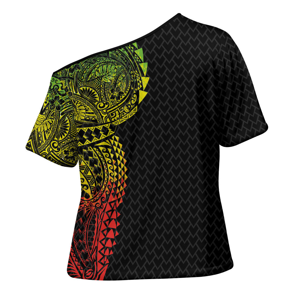 Hawaiian Traditional Tattoos Cross Shoulder Shirt Kakau Tribal Tropical Plant Motif Kanaka Maoli Flag Color Inspired LT03 - Polynesian Pride