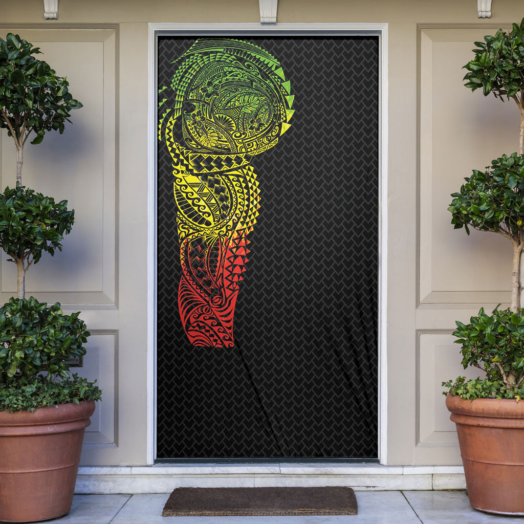 Hawaiian Traditional Tattoos Door Cover Kakau Tribal Tropical Plant Motif Kanaka Maoli Flag Color Inspired LT03 Multicolor - Polynesian Pride
