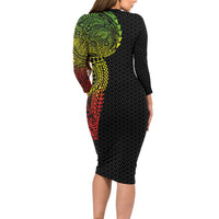 Hawaiian Traditional Tattoos Family Matching Long Sleeve Bodycon Dress and Hawaiian Shirt Kakau Tribal Tropical Plant Motif Kanaka Maoli Flag Color Inspired LT03 - Polynesian Pride