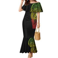 Hawaiian Traditional Tattoos Family Matching Mermaid Dress and Hawaiian Shirt Kakau Tribal Tropical Plant Motif Kanaka Maoli Flag Color Inspired LT03 Mom's Dress Multicolor - Polynesian Pride
