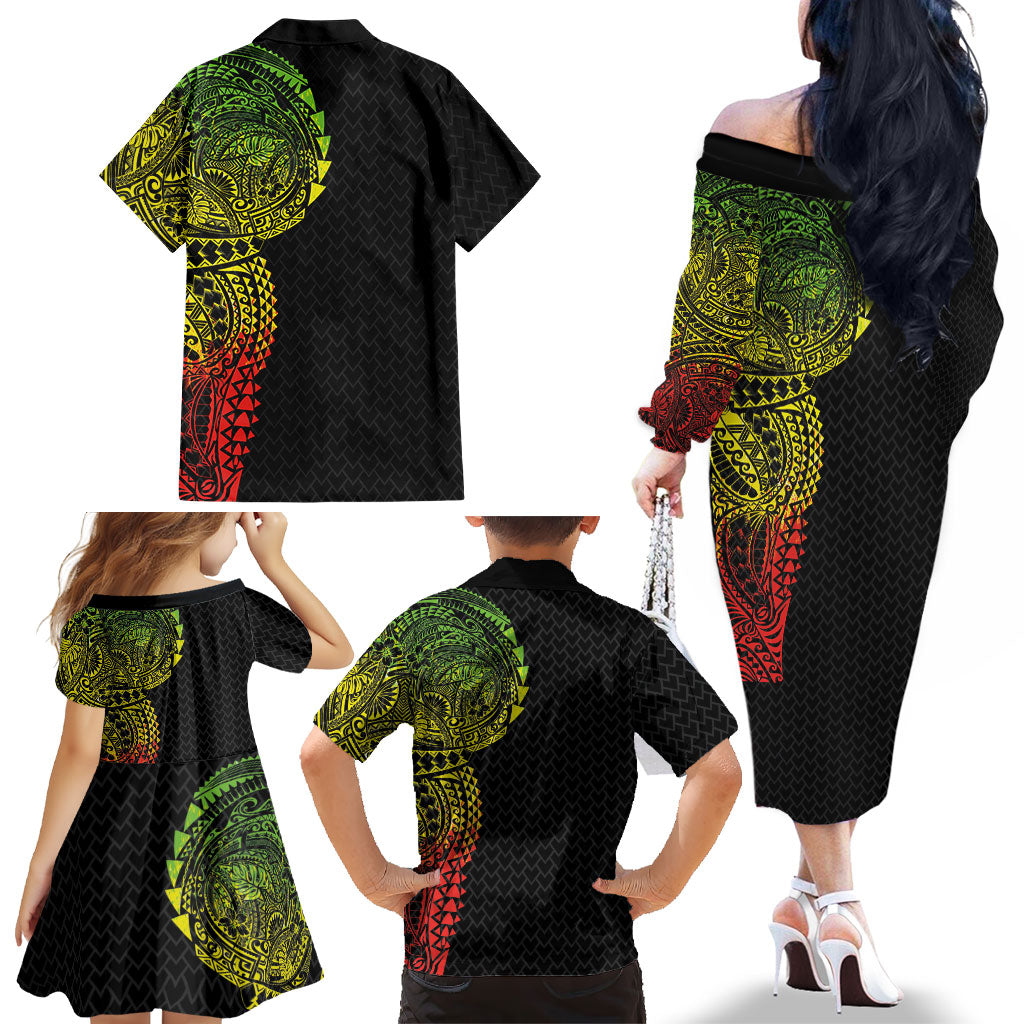 Hawaiian Traditional Tattoos Family Matching Off The Shoulder Long Sleeve Dress and Hawaiian Shirt Kakau Tribal Tropical Plant Motif Kanaka Maoli Flag Color Inspired LT03 - Polynesian Pride