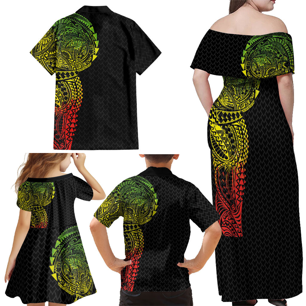 Hawaiian Traditional Tattoos Family Matching Off Shoulder Maxi Dress and Hawaiian Shirt Kakau Tribal Tropical Plant Motif Kanaka Maoli Flag Color Inspired LT03 - Polynesian Pride