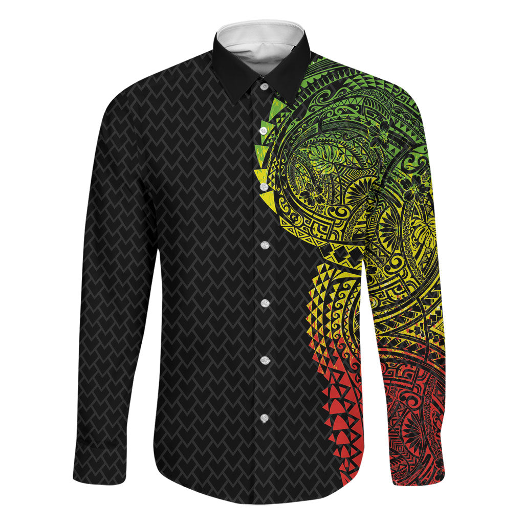 Hawaiian Traditional Tattoos Family Matching Off Shoulder Maxi Dress and Hawaiian Shirt Kakau Tribal Tropical Plant Motif Kanaka Maoli Flag Color Inspired LT03 Dad's Shirt - Long Sleeve Multicolor - Polynesian Pride