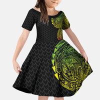 Hawaiian Traditional Tattoos Family Matching Off Shoulder Short Dress and Hawaiian Shirt Kakau Tribal Tropical Plant Motif Kanaka Maoli Flag Color Inspired LT03 Daughter's Dress Multicolor - Polynesian Pride