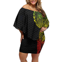 Hawaiian Traditional Tattoos Family Matching Off Shoulder Short Dress and Hawaiian Shirt Kakau Tribal Tropical Plant Motif Kanaka Maoli Flag Color Inspired LT03 Mom's Dress Multicolor - Polynesian Pride