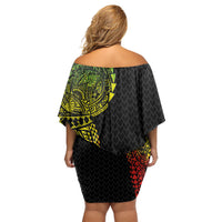 Hawaiian Traditional Tattoos Family Matching Off Shoulder Short Dress and Hawaiian Shirt Kakau Tribal Tropical Plant Motif Kanaka Maoli Flag Color Inspired LT03 - Polynesian Pride