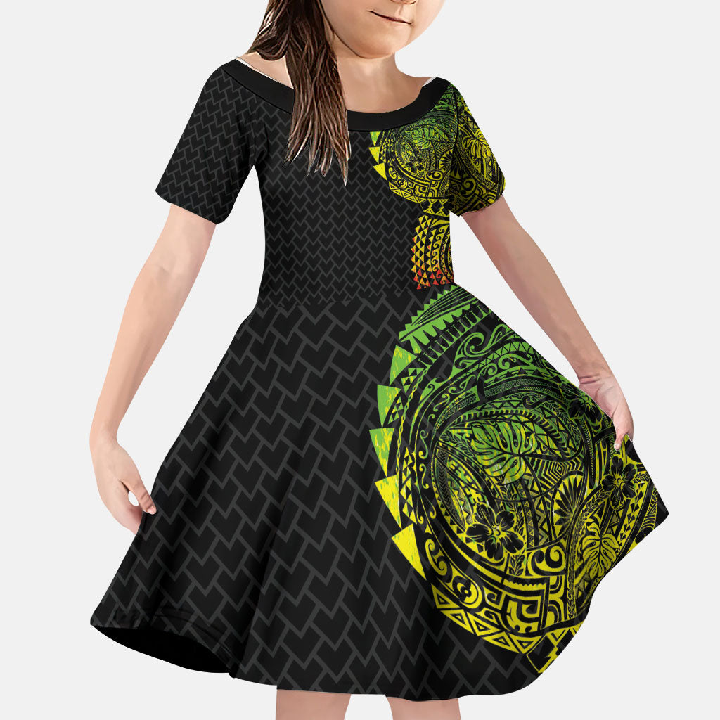 Hawaiian Traditional Tattoos Family Matching Puletasi and Hawaiian Shirt Kakau Tribal Tropical Plant Motif Kanaka Maoli Flag Color Inspired LT03 Daughter's Dress Multicolor - Polynesian Pride