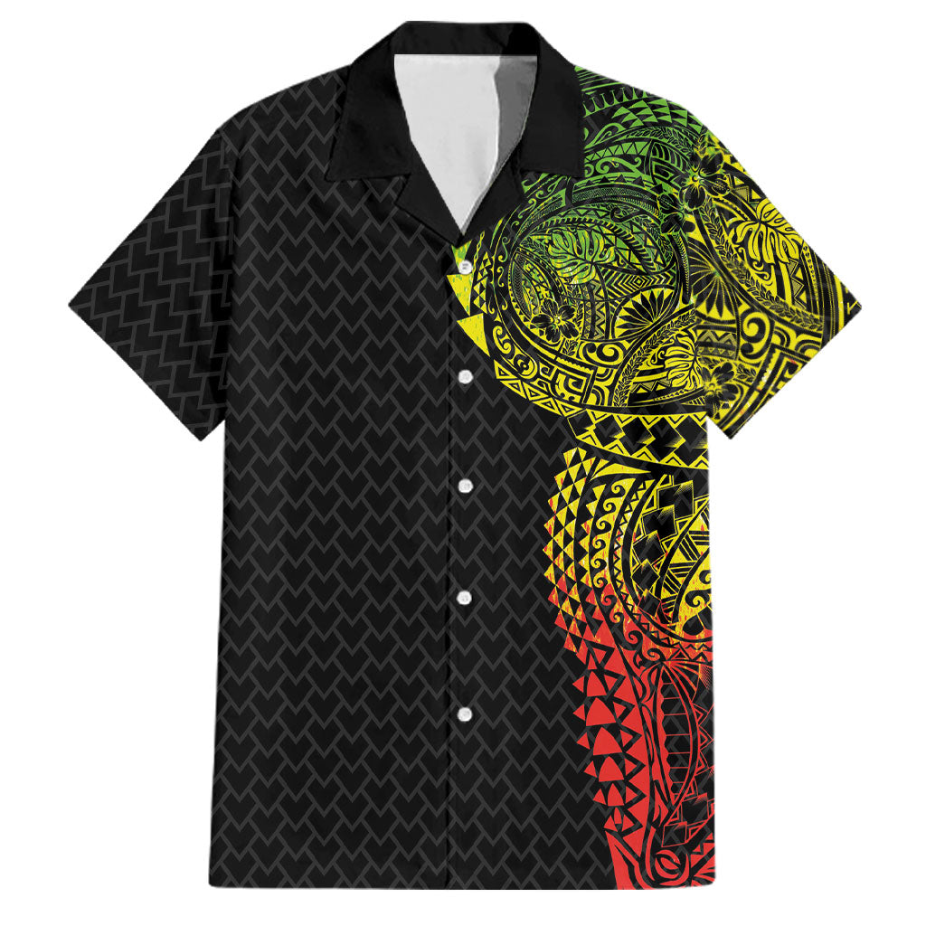 Hawaiian Traditional Tattoos Family Matching Puletasi and Hawaiian Shirt Kakau Tribal Tropical Plant Motif Kanaka Maoli Flag Color Inspired LT03 Dad's Shirt - Short Sleeve Multicolor - Polynesian Pride