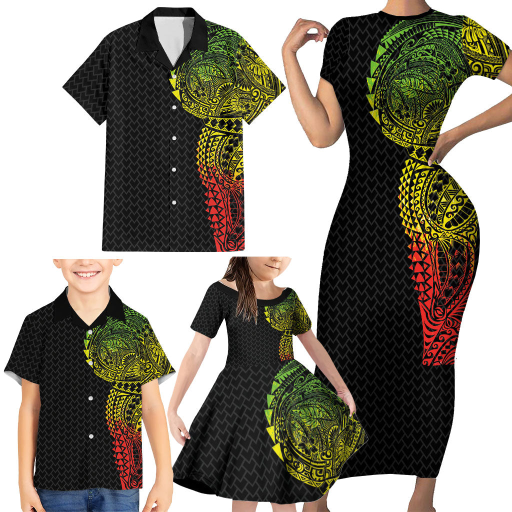Hawaiian Traditional Tattoos Family Matching Short Sleeve Bodycon Dress and Hawaiian Shirt Kakau Tribal Tropical Plant Motif Kanaka Maoli Flag Color Inspired