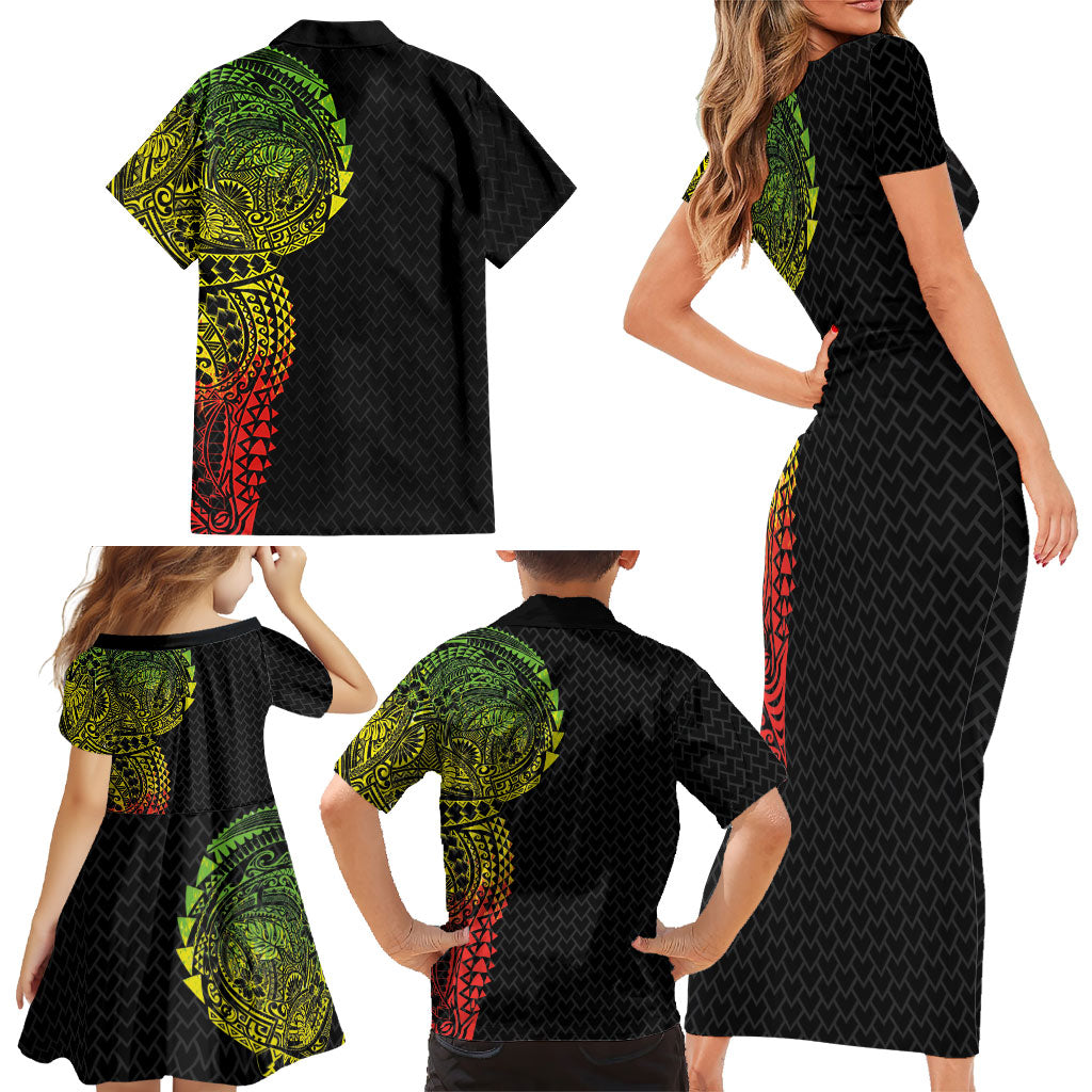 Hawaiian Traditional Tattoos Family Matching Short Sleeve Bodycon Dress and Hawaiian Shirt Kakau Tribal Tropical Plant Motif Kanaka Maoli Flag Color Inspired LT03 - Polynesian Pride