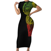 Hawaiian Traditional Tattoos Family Matching Short Sleeve Bodycon Dress and Hawaiian Shirt Kakau Tribal Tropical Plant Motif Kanaka Maoli Flag Color Inspired LT03 Mom's Dress Multicolor - Polynesian Pride