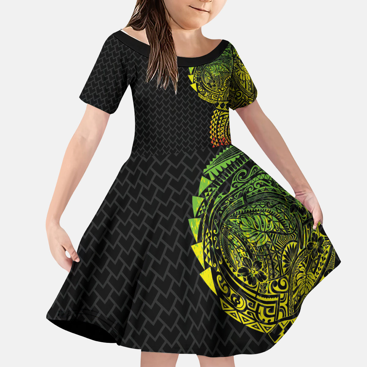 Hawaiian Traditional Tattoos Kid Short Sleeve Dress Kakau Tribal Tropical Plant Motif Kanaka Maoli Flag Color Inspired LT03 KID Multicolor - Polynesian Pride