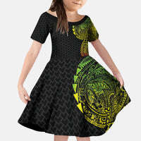 Hawaiian Traditional Tattoos Kid Short Sleeve Dress Kakau Tribal Tropical Plant Motif Kanaka Maoli Flag Color Inspired LT03 KID Multicolor - Polynesian Pride