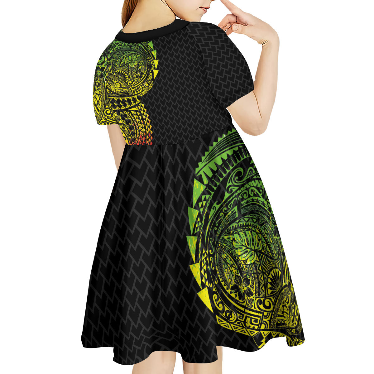 Hawaiian Traditional Tattoos Kid Short Sleeve Dress Kakau Tribal Tropical Plant Motif Kanaka Maoli Flag Color Inspired LT03 - Polynesian Pride