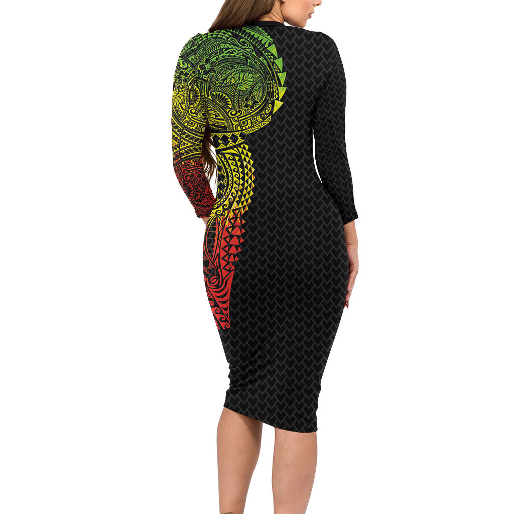 Hawaiian Traditional Tattoos Long Sleeve Bodycon Dress Kakau Tribal Tropical Plant Motif Kanaka Maoli Flag Color Inspired LT03 - Polynesian Pride