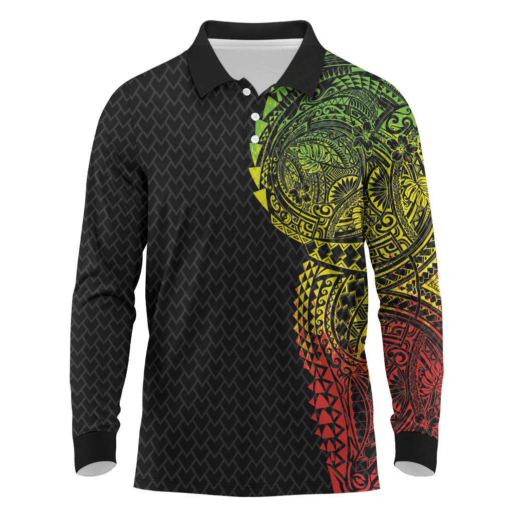Hawaiian Traditional Tattoos Long Sleeve Polo Shirt Kakau Tribal Tropical Plant Motif Kanaka Maoli Flag Color Inspired LT03 Multicolor - Polynesian Pride