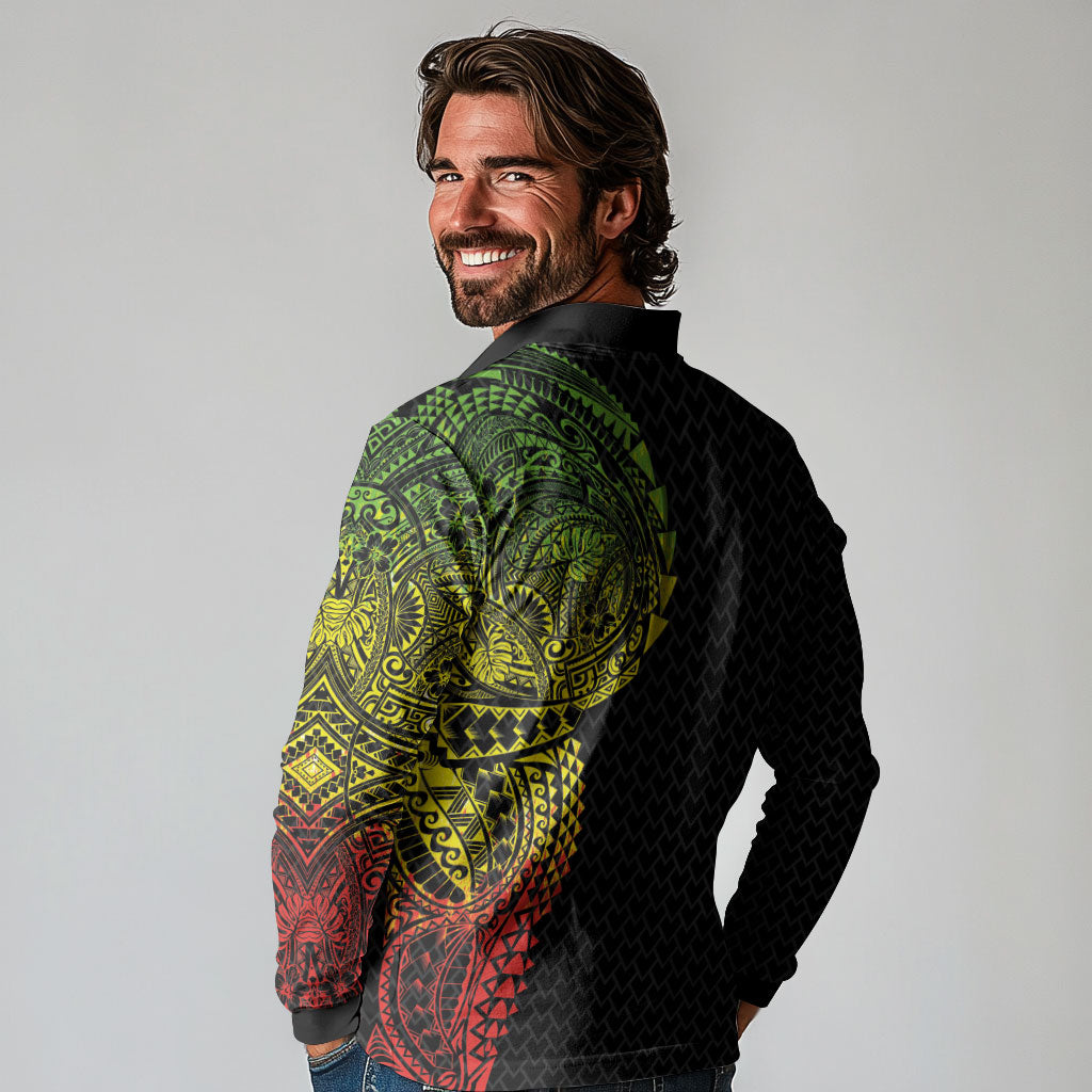 Hawaiian Traditional Tattoos Long Sleeve Polo Shirt Kakau Tribal Tropical Plant Motif Kanaka Maoli Flag Color Inspired LT03 - Polynesian Pride