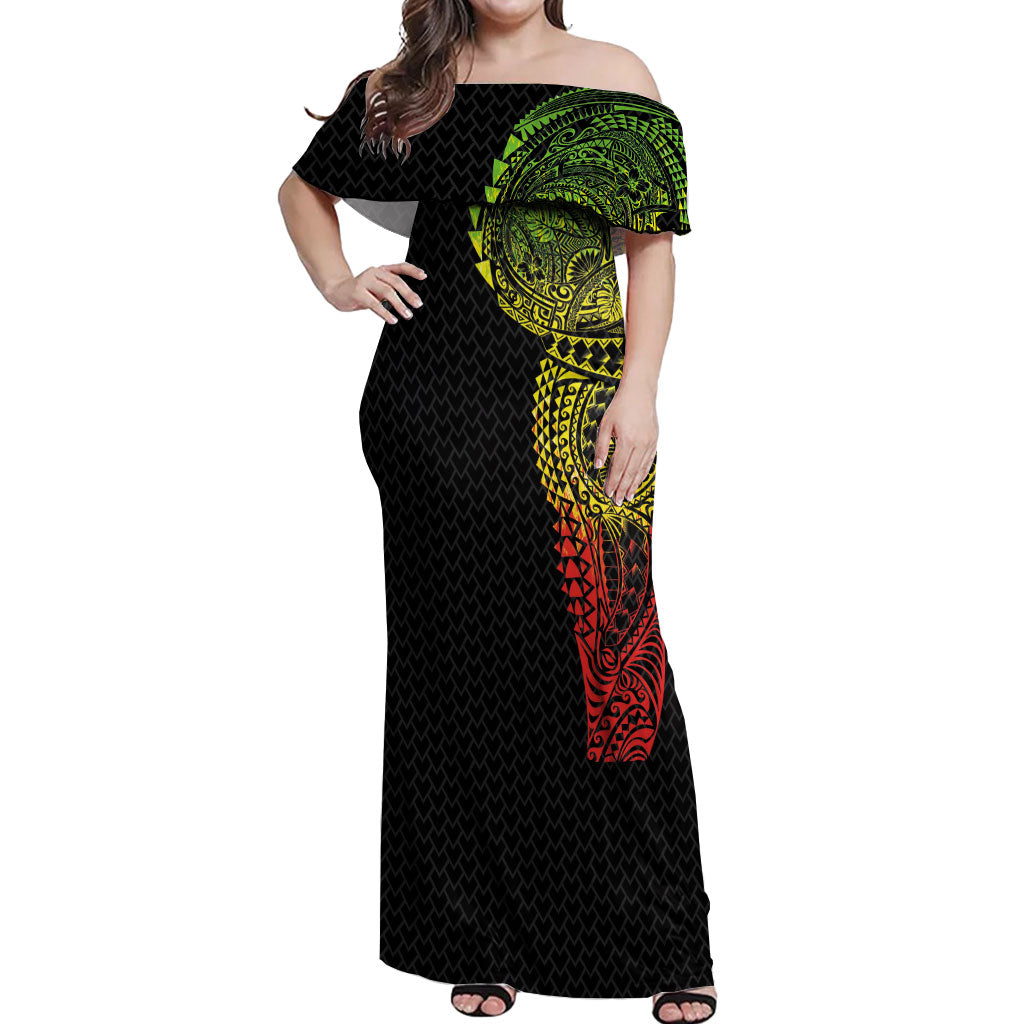 Hawaiian Traditional Tattoos Off Shoulder Maxi Dress Kakau Tribal Tropical Plant Motif Kanaka Maoli Flag Color Inspired