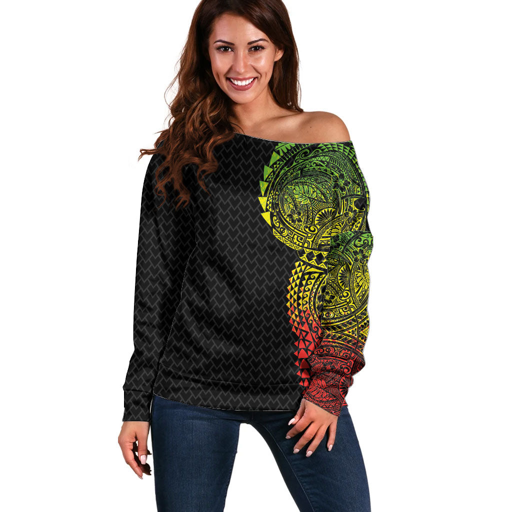 Hawaiian Traditional Tattoos Off Shoulder Sweater Kakau Tribal Tropical Plant Motif Kanaka Maoli Flag Color Inspired LT03 Women Multicolor - Polynesian Pride