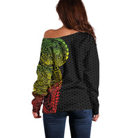 Hawaiian Traditional Tattoos Off Shoulder Sweater Kakau Tribal Tropical Plant Motif Kanaka Maoli Flag Color Inspired LT03 - Polynesian Pride
