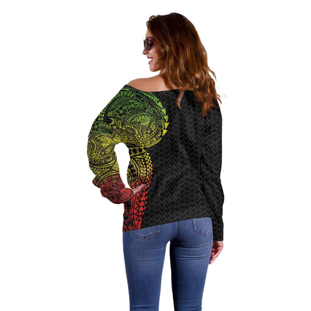Hawaiian Traditional Tattoos Off Shoulder Sweater Kakau Tribal Tropical Plant Motif Kanaka Maoli Flag Color Inspired LT03 - Polynesian Pride