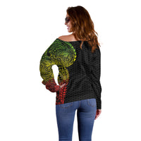 Hawaiian Traditional Tattoos Off Shoulder Sweater Kakau Tribal Tropical Plant Motif Kanaka Maoli Flag Color Inspired LT03 - Polynesian Pride