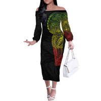 Hawaiian Traditional Tattoos Off The Shoulder Long Sleeve Dress Kakau Tribal Tropical Plant Motif Kanaka Maoli Flag Color Inspired LT03 Women Multicolor - Polynesian Pride