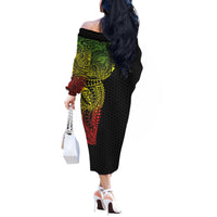 Hawaiian Traditional Tattoos Off The Shoulder Long Sleeve Dress Kakau Tribal Tropical Plant Motif Kanaka Maoli Flag Color Inspired LT03 - Polynesian Pride