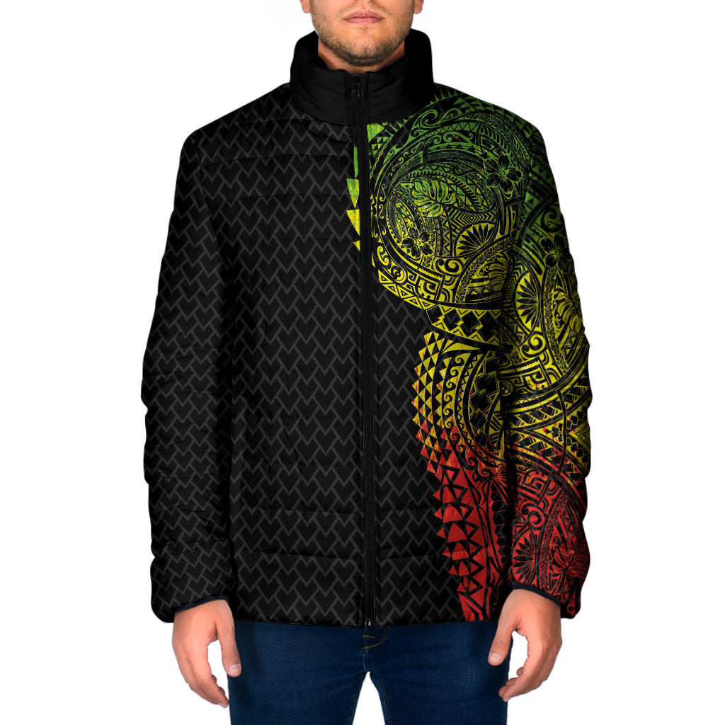Hawaiian Traditional Tattoos Padded Jacket Kakau Tribal Tropical Plant Motif Kanaka Maoli Flag Color Inspired