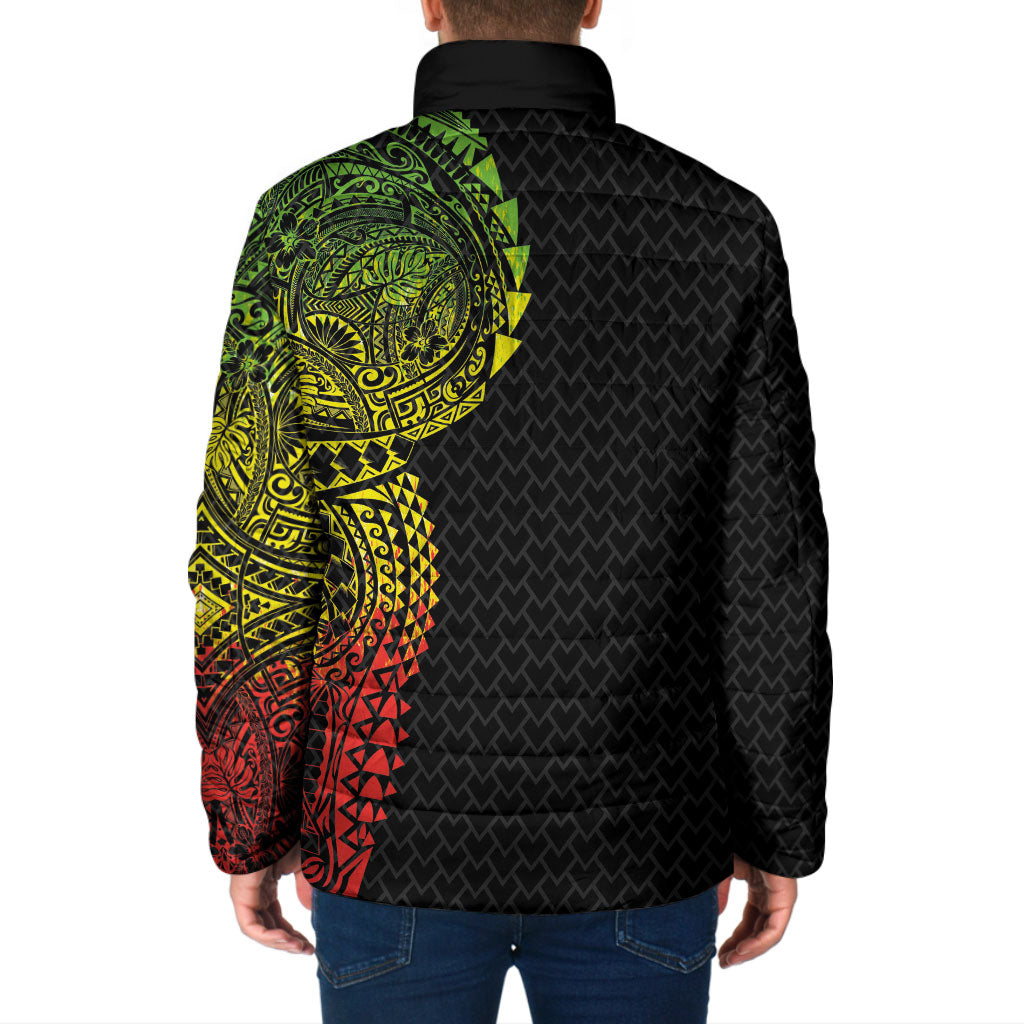 Hawaiian Traditional Tattoos Padded Jacket Kakau Tribal Tropical Plant Motif Kanaka Maoli Flag Color Inspired LT03 - Polynesian Pride