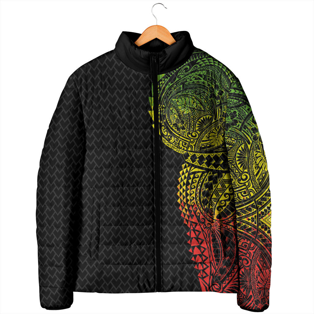 Hawaiian Traditional Tattoos Padded Jacket Kakau Tribal Tropical Plant Motif Kanaka Maoli Flag Color Inspired LT03 - Polynesian Pride