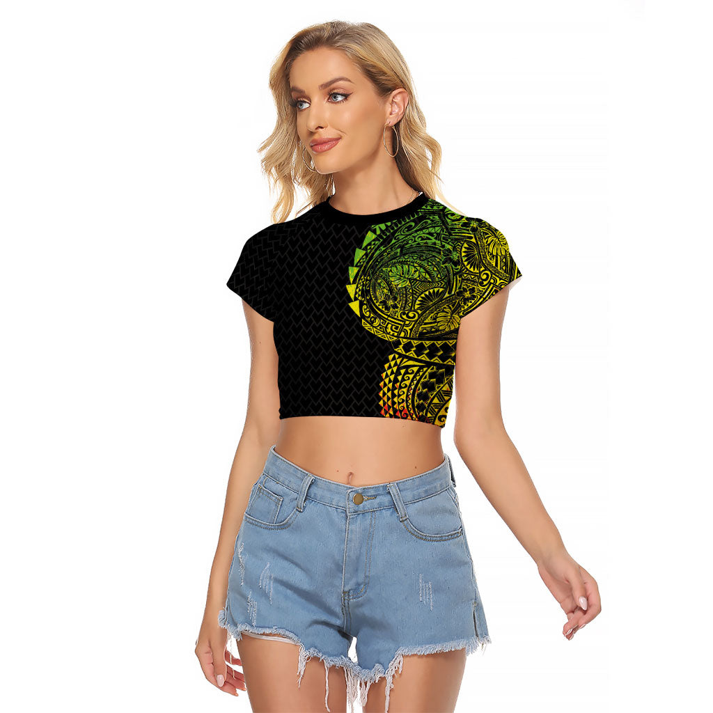Hawaiian Traditional Tattoos Raglan Cropped T Shirt Kakau Tribal Tropical Plant Motif Kanaka Maoli Flag Color Inspired LT03 Female Multicolor - Polynesian Pride